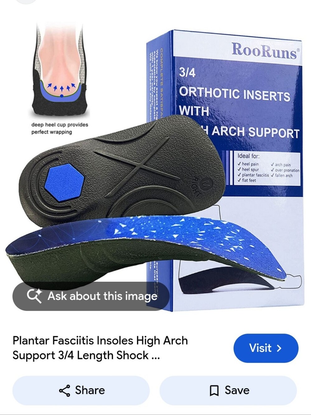Women’s Plantar Fasciitis 3/4 Orthotic Insoles - Blue/Black